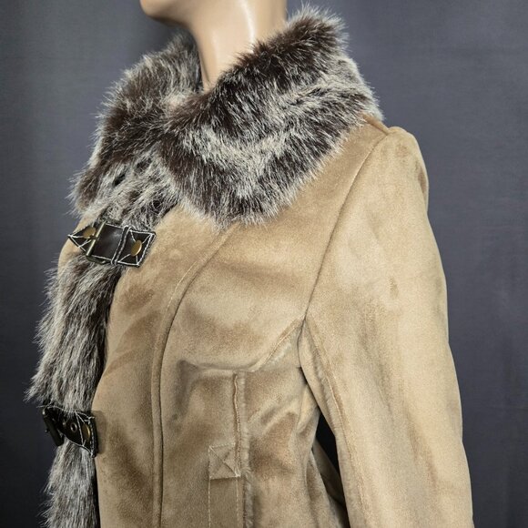 Y2K Beige Faux Fur Faux Suede Coat Jacket size S Faux Leather Buckles Penny Lane - Picture 9 of 16